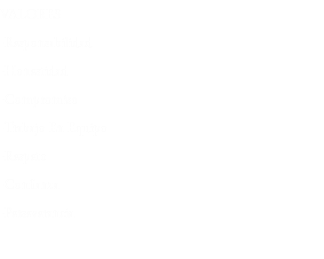 VALORES
-Responsabilidad -Honestidad -Compromiso -Trabajo En Equipo
-Respeto -Confianza
-Perseverancia 