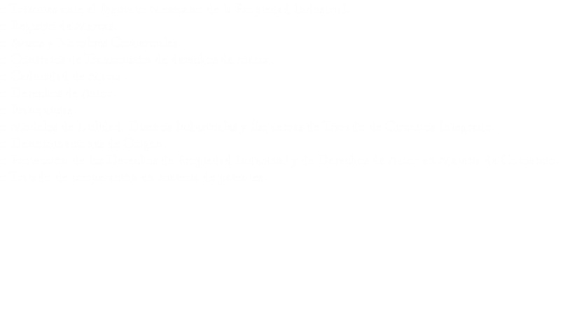 o Trámites ante el Instituto Mexicano de la Propiedad Industrial.
o Registro de Marcas.
o Avisos y Nombres Comerciales.
o Contratos de Transmisión de derechos de marca.
o Caducidad de Marca.
o Derechos de Autor.
o Franquicias.
o Modelos de Utilidad, Diseños Industriales y Esquemas de Trazado de Circuitos Integrado.
o Denominaciones de Origen.
o Protección de los Derechos de Propiedad Industrial y de Derechos de Autor en Materia de Comercio.
o Tratado de cooperación en materia de patentes.